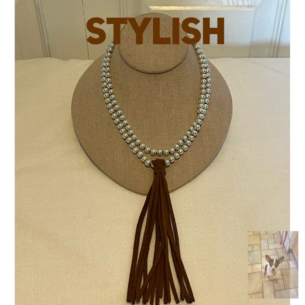 Faux Pearl Infinity Necklace With Brown Suede Tassel